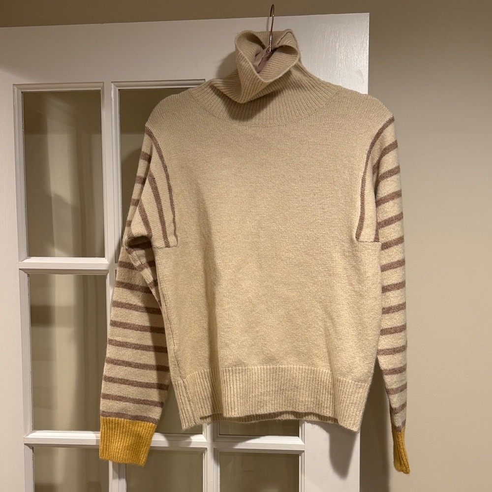 Anthropologie Cream and Brown Striped Turtleneck Sweater